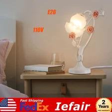 60W Elegant Roses Flower Glass Table Lamp Light Glass Lampshade Pink White US