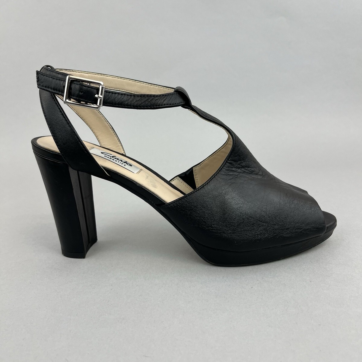 Clarks Kendra Cham Black Leather Strap Slingback High Heels