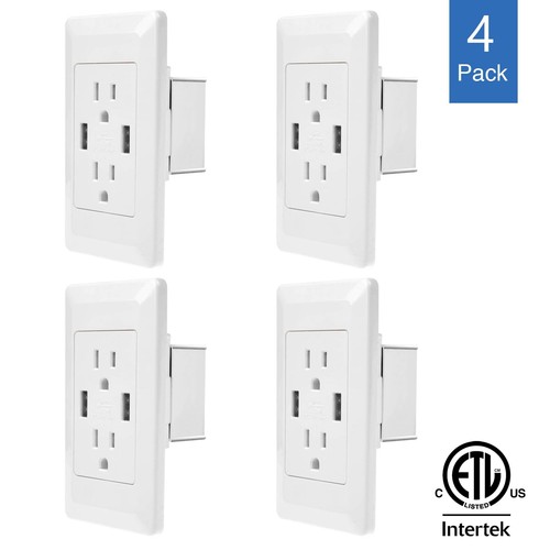 4PK Dual Plug Electric Wall Socket Adapter With 2 USB Port Outlet Panel ...