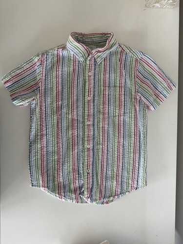 J Crew Crewcuts Boys Short Sleeve Button Down Shirt Seersucker Stripe Size 10