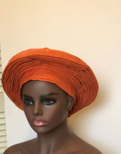 Aso-Oke African Headtie Auto Gele, Orange Monife Women headwear Ready Made Gele