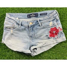 Hollister Women Denim Short Shorts Light Wash Sz 1 W25 Floral Embroidered RawHem