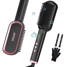 Ionic Hair Straightener Brush Ceramic Heating Comb LCD Display Anti Scald Black