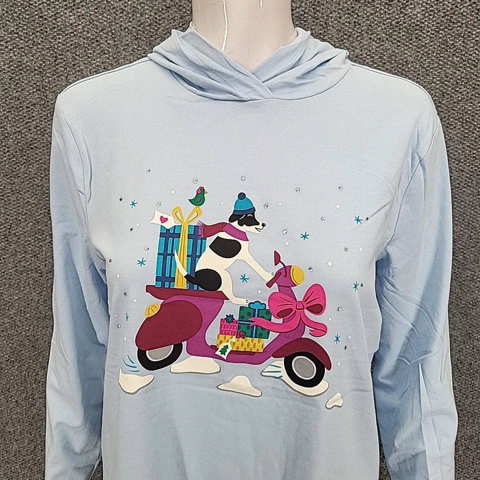 女式连帽衫小号中号蓝色套衫上衣带图案假日印花 — 第 4/4 张图片