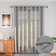 Grey Sheer Curtains 92 inches Linen Texured Farmhouse Living Room Divider Wnd...