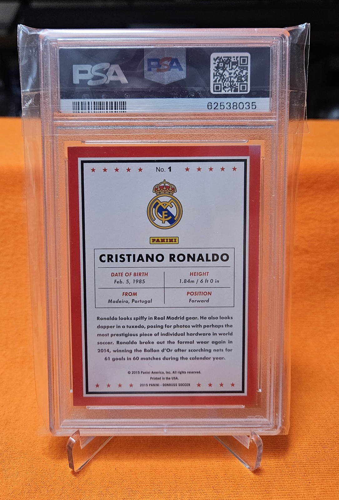 2015 Panini Donruss #1 Cristiano Ronaldo PSA 8 view 2
