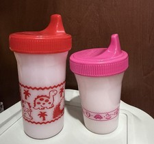 Vintage Playtex Plastic Sippy Cups Red Dinosaurs Pink Seals With Valve Lot Of 2