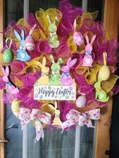 Easter Wreath Deco Mesh Coordinating Bunnies and Eggs Handmade 23 In.