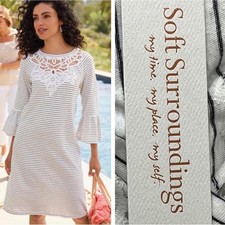 New Soft Surroundings Lolana Dress Striped Bell Sleeve Lace Detail Size Small