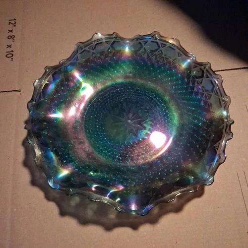 Vintage Blue Carnival Glass Plate 10” Iridescent Diamond Point Ruffled Edge