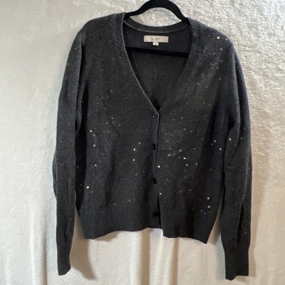 Women s Loft Grey Cardigan Star Embellished Sequins Metallic Sz L Beige Holiday