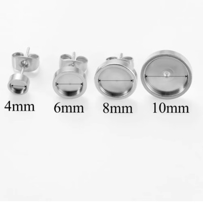 10 Stück Edelstahl Ohrstecker Rohlinge Einfassung Tablett 4-6-8- & 10 mm mit Rückseiten