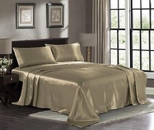 Full Size Taupe Satin Bed Sheet Set Extra Soft 1800 Microfiber Wrinkle Fade