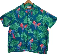 Vintage Paradise Found Hawaiian Shirt Men's XL Green Rayon Parrot Tropical Macaw