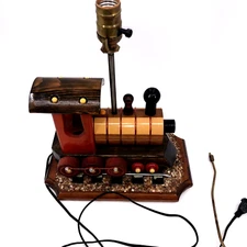 RARE Maurice Vautier Vintage Wooden Handcrafted Locomotive Chuchu Lamp 14"x13"