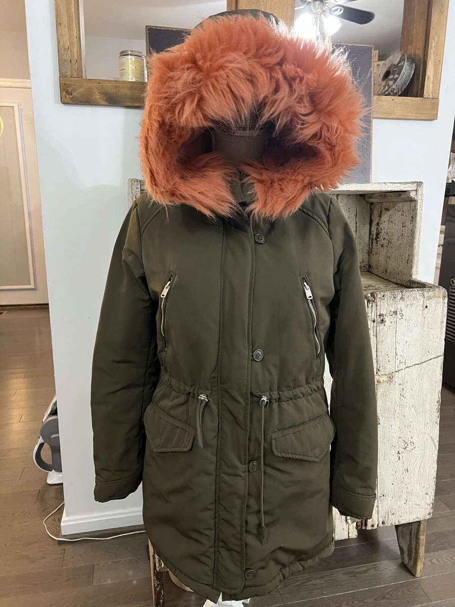 Cool Army Green Coral Peach Pink Faux Fur Lined Parka Jacket