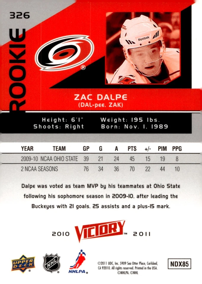 Zac Dalpe - Signed 2010-11 Upper Deck Victory Rookie Card #326 - Image 2 of 2
