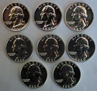 1957 - 1964 PROOF SILVER Washington Quarters 8 Coin Lot 25 Cents Eight 25c Coins