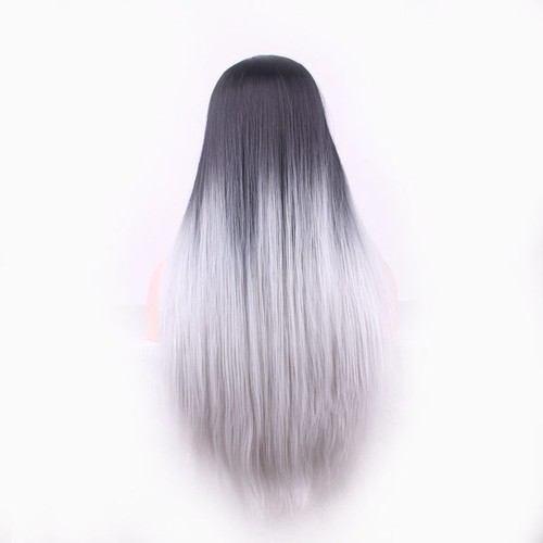 Black White Dark Roots Ombre Long Straight Middle Part Women Hair Wig Wigs + Cap - Picture 4 of 5