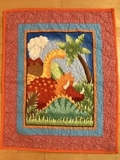 Handmade Baby Dino Quilt /Lap Quilt 36 1/2"x 45" w/Orange fleece backing