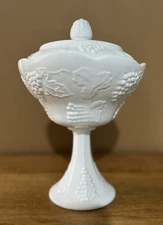 Indiana Glass Colony Harvest Grape Pattern, Milk glass Pedestal Compote /lid