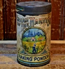 CREAM OF THE HARVEST BAKING POWDER 10 OZ TIN CAN EMBOSSED LID SIGN 1920s VINTAGE