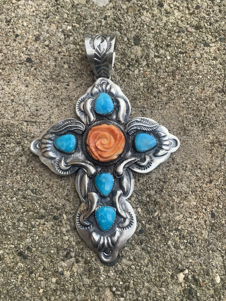 Sterling Turquoise Cross Pendant Native Made Spiny Oyster Navajo Jewelry 925 - image 4 of 4