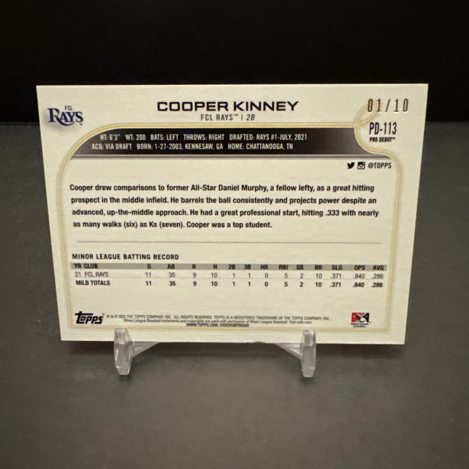 2022 Topps PRO-DEBUT RED BOARDER 01/10 #PD-113 Cooper Kinney Rays VG/EX - Image 2 of 3