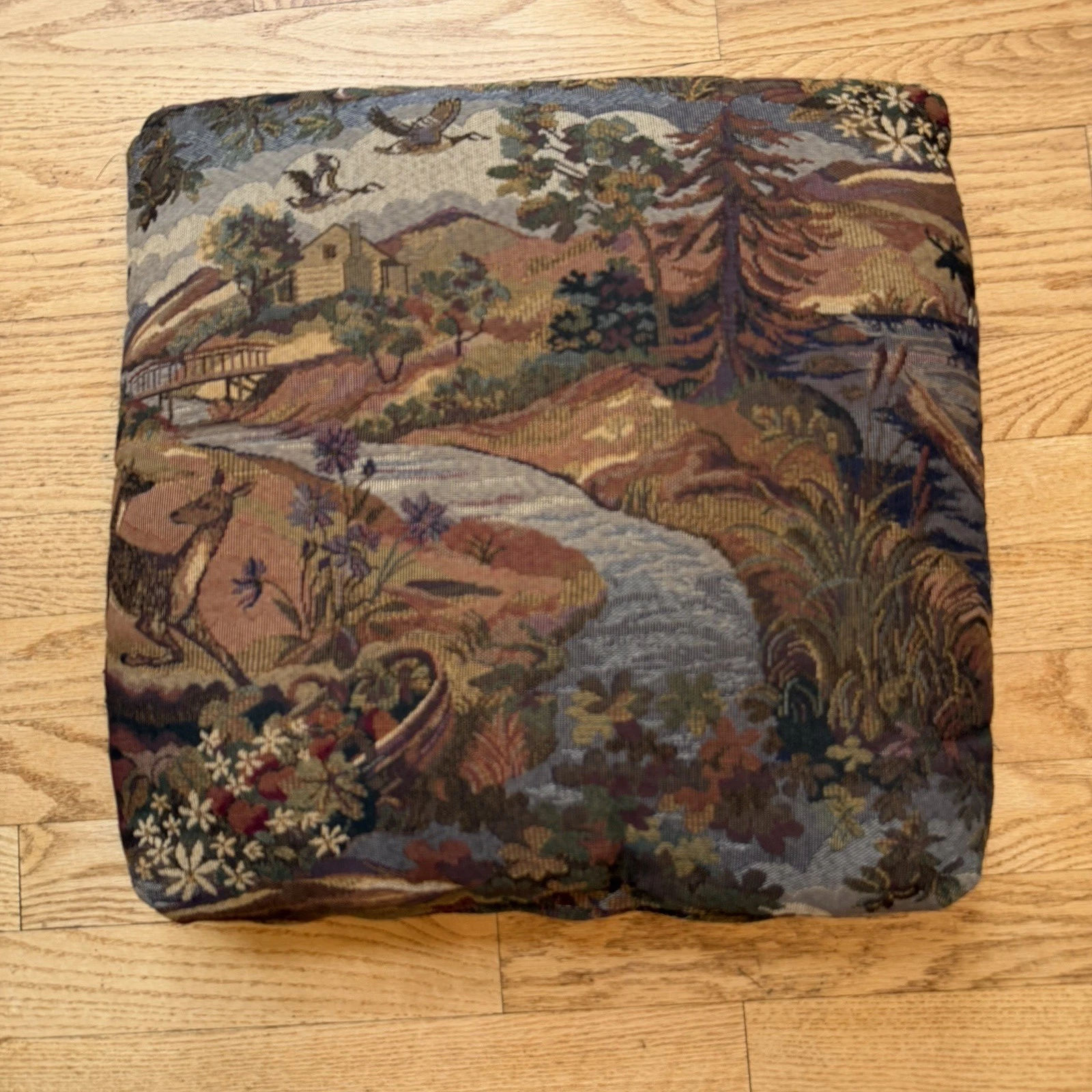 VTG Woven Tapestry Dog Deer Duck Hunting Lodge Cabin Theme Throw Pillow 17x17