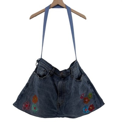 Handmade Levi's Denim Shoulder Bag OOAK Rework Jeans Purse Floral Boho Large 26''