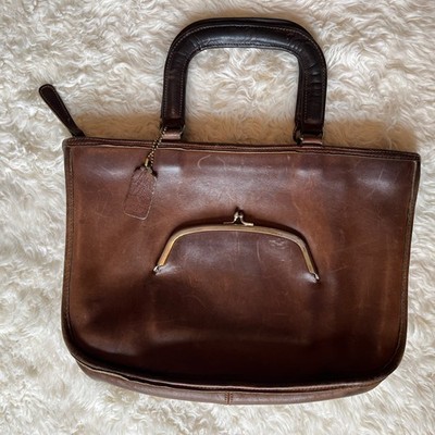 Vintage Coach Satchel Handbag Kiss Lock Brown 60s 70s RARE Tote