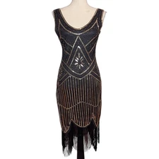 Retro Sequin Flapper Dress with Fringe Black and Gold Small