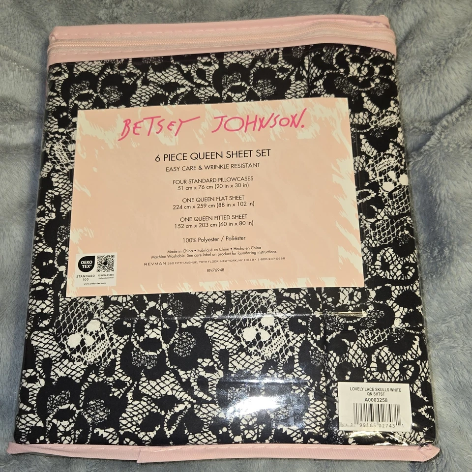 BETSEY JOHNSON Queen Blanco Negro Precioso Encaje Calaveras Juego de Sábanas 6 piezas Nuevo Con Etiquetas Foto 2 de 4