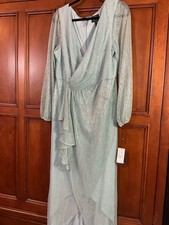 Adrianna Papell NWT Dress Us 16 Light Blue Gold Metallic Sheer Sleeve MSRP $229 