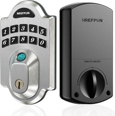 Nrefpun Fingerprint Door Lock, Satin Nickel, Keyless Entry with Keypad, 200 Code