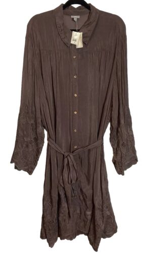 J Jill Midi Shirt Dress Plus Size 4X Chocolate Brown Embroidered Artsy Office