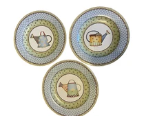 1999 Debbie Mumm Sakura "Watering Cans" 3 Salad Dessert Plates Decor EUC Vtg