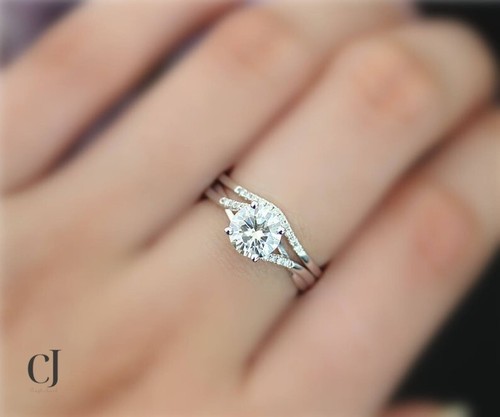 2 Carat Round Cut Moissanite Wedding Bridal Rings Set Solid 14k White Gold - Picture 4 of 8