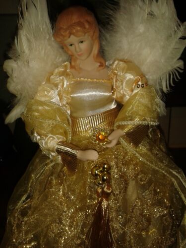 PORCELAIN FACE HANDS REAL FEATHER WINGED ANGEL CHRISTMAS TREE TOPPER FIGURINE - Picture 2 of 4
