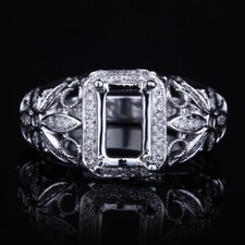 925 Sterling Silver Semi Mount Vintage Diamonds Fine Ring Emerald/radiant Cut