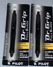 Lot of 2 - Pilot Dr Grip Full Black Ball Point Pen Black Ink Medium Point 1.0mm