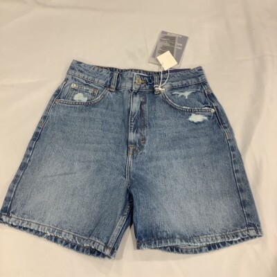 Pull&bear Womens Jean Shorts Blue Distressed Medium Wash Pocket Flat Front 6 New