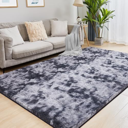Fluffy Shag Area Rug, 4x6 Tie-Dyed Dark Grey Rugs 4x6 Feet Tie-dyed ...