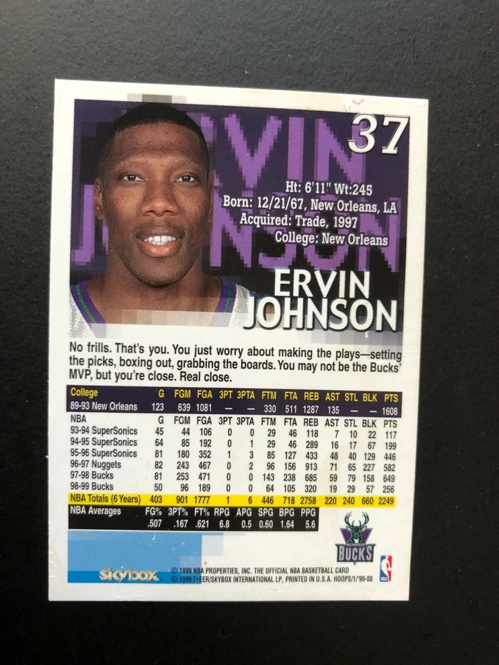 Bonita tarjeta Ervin Johnson Fleer/SkyBox 1999 # 37 hecha en EE. UU. Foto 3 de 4