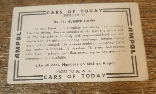 1958 HUMBER HAWK Australian AMPOL Oil Swap Card - Bild 2 von 2