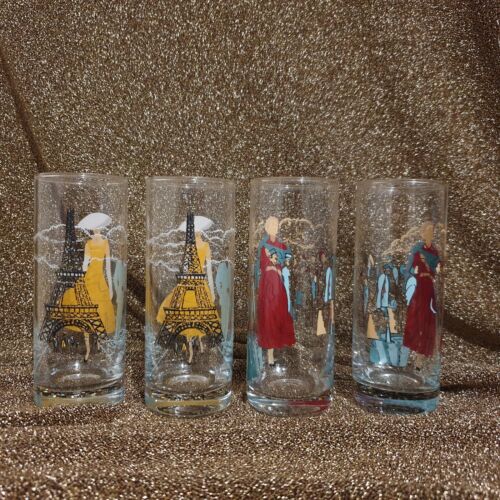 4x Drinking Glasses High Tall Ball Vintage Fashion Print Glass Eiffel Tower Lot - Picture 3 of 7