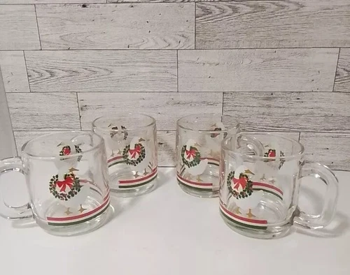Set of 4 Vintage Clear Glass Libbey Cups Mugs Ducks Goose Christmas