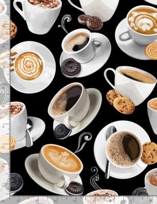 Back to Grind Fabric | Timeless Treasures Tossed Coffee Cup & Cookies | Yard