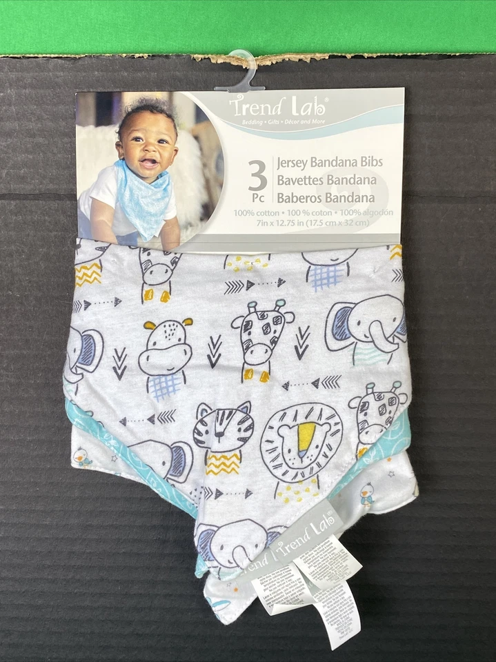 3 PK Trend Lab Baby Jersey Bandana Feeding Bib Set - Safari - Image 3 of 4