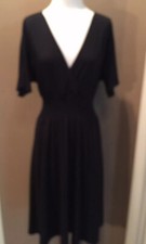 Apostrophe M Black V-Neck Dress W Gathered Waist & Short Sleeves
